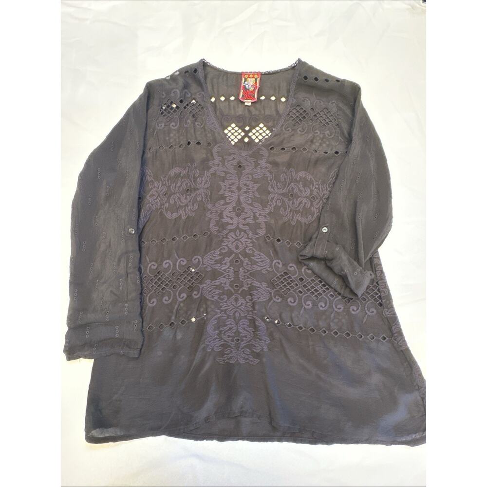 Johnny Was Embroidered Blouse Womens Small‎ Black Eyelet Bohemian Whimsical